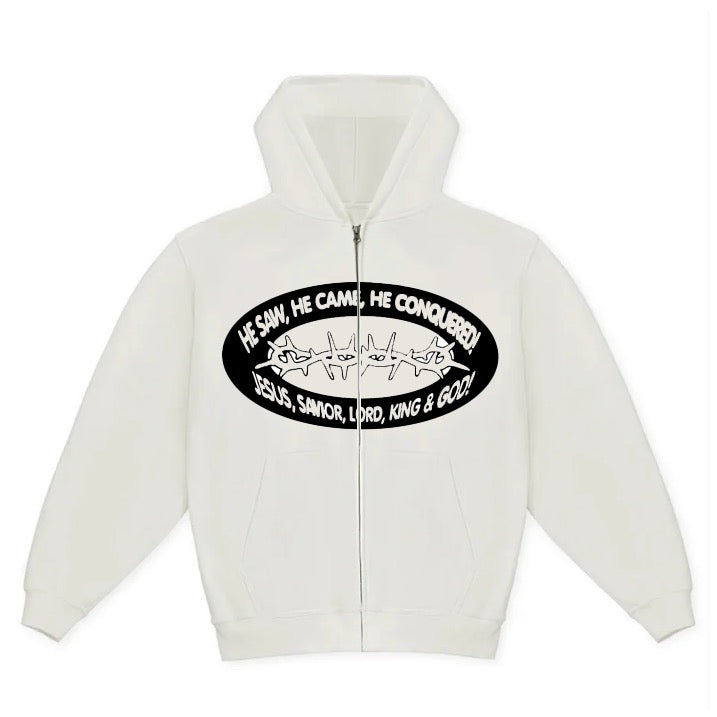 "HE CONQUERED" zip up