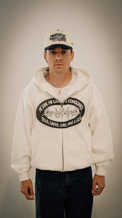 "HE CONQUERED" zip up