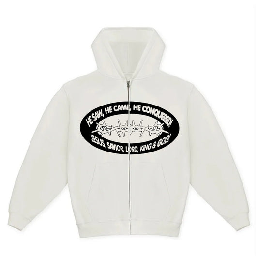"HE CONQUERED" zip up